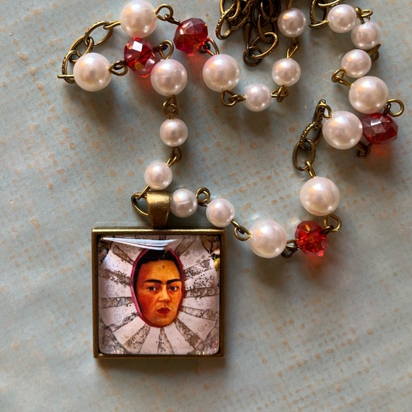Hand Crafted Jewelry - SOLD Frida Kahlo Art Pendant Necklace Vintage Beads